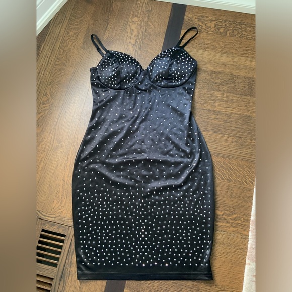 YAYA & CO. Black Satin Crystal Diamond Embellished Evening Midi Dress Size Large - Picture 15 of 16